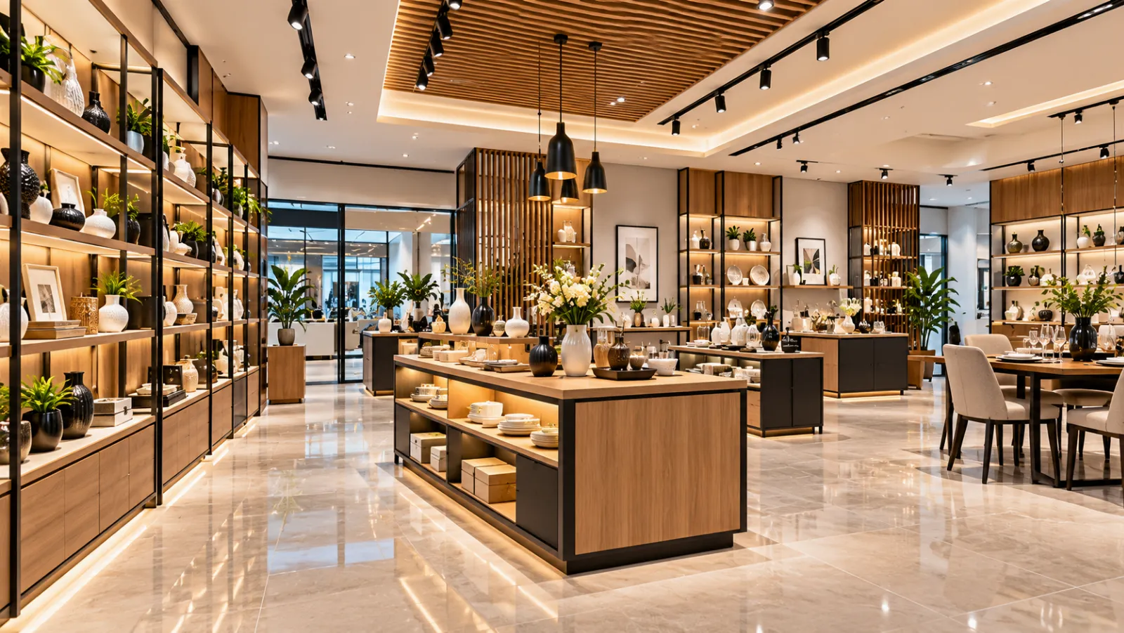 Modern home décor showroom with display shelving